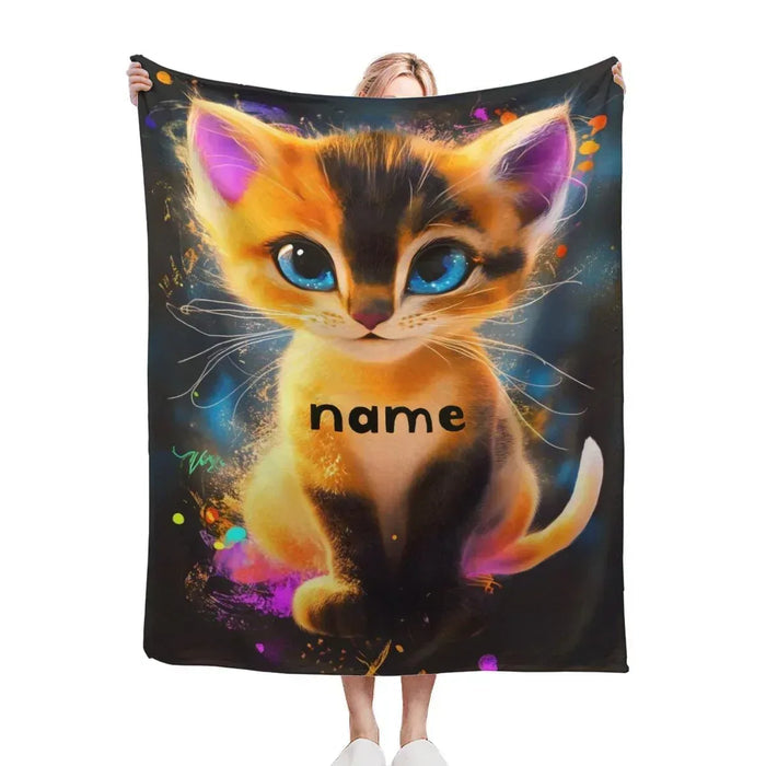 Personalized kitten flannel throw blanket with colorful cat face and name text