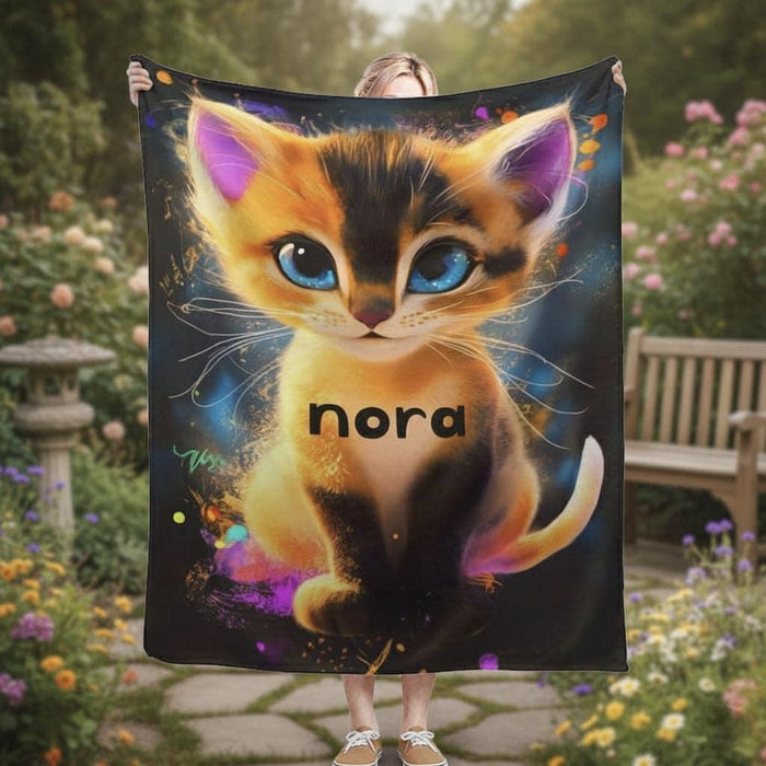 Dark flannel fleece cat throw blanket with starry-eyed kitten face and name 'nora'