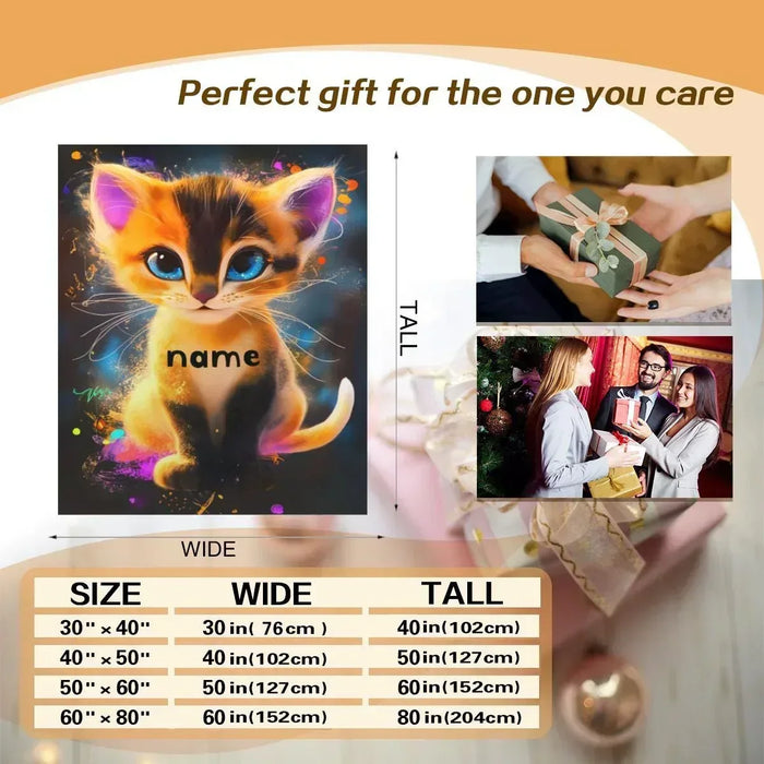 Personalized kitten blanket with bright cat artwork and name text, shown for size