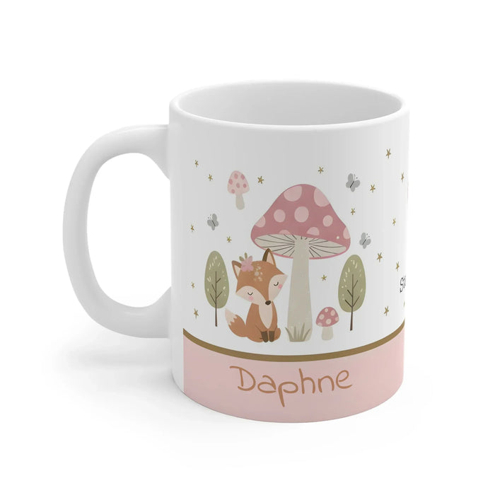 White ceramic mug with woodland fox and mushroom print, personalized 'Daphne'