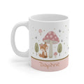 White ceramic mug with woodland fox and mushroom print, personalized 'Daphne'