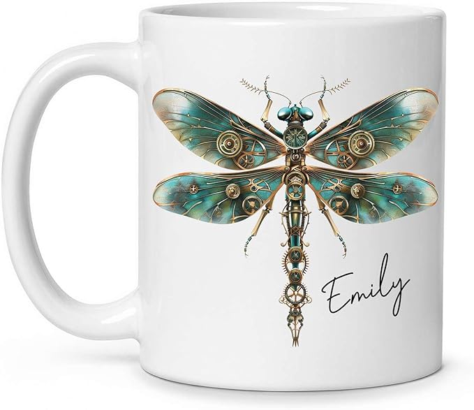 White ceramic mug with teal steampunk dragonfly and personalized name Emily