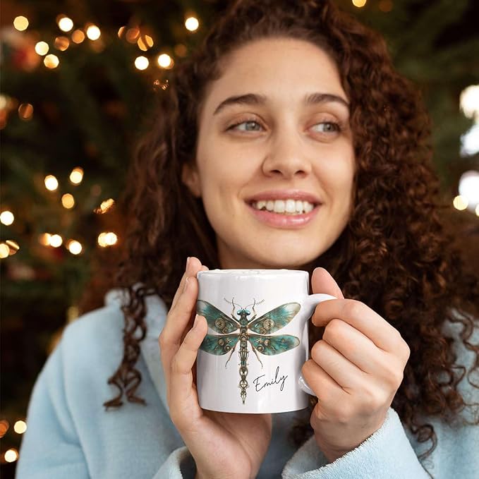 White ceramic mug with teal steampunk dragonfly and personalized name Emily
