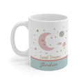Personalized white ceramic mug with moon, stars, and name Jordan