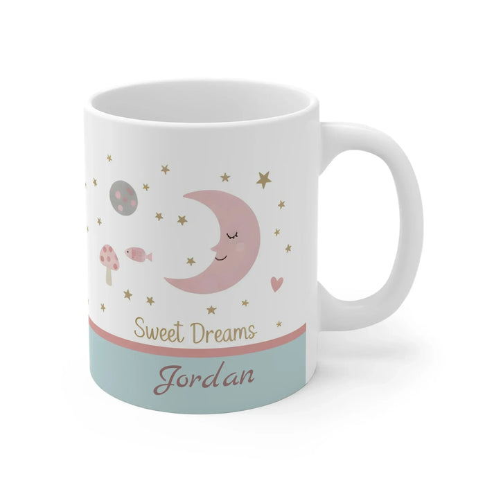 Personalized white ceramic mug with moon, stars, and name Jordan