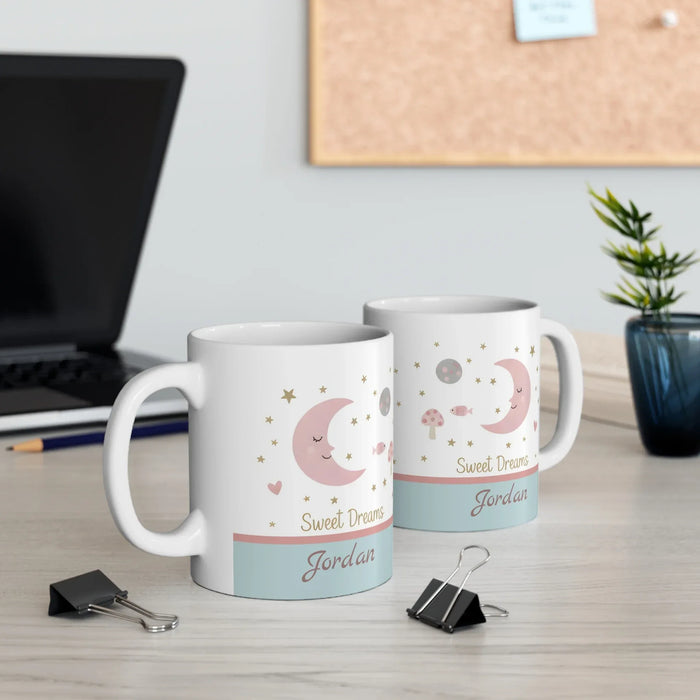 Pair of white ceramic mugs with moon-and-stars design and name Jordan