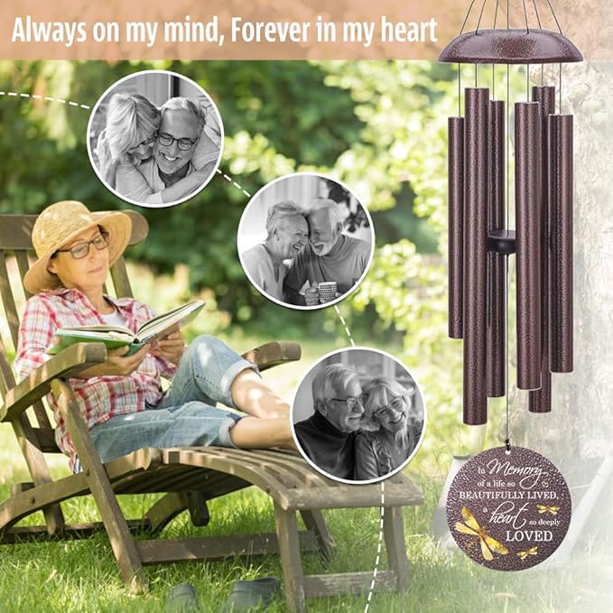 Bronze-tone dragonfly wind chime with hanging tubes and round medallion reading "Always on my mind".
