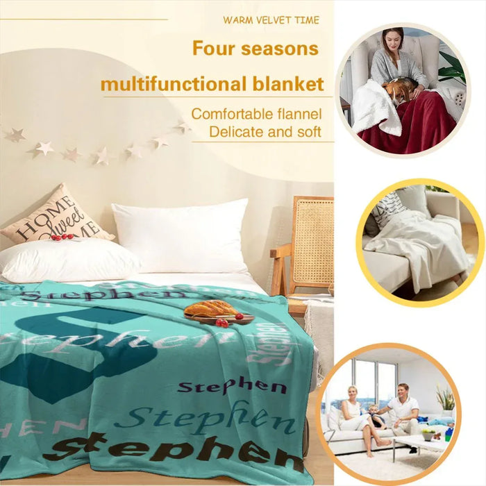 Personalized name fleece blanket, teal mint with 'Stephen' print and draped on bed