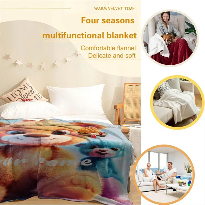 Teddy bear plush blanket with colorful character print, draped over a bed