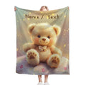 Personalized teddy bear throw blanket with 'Name / Text' and paw-print stars