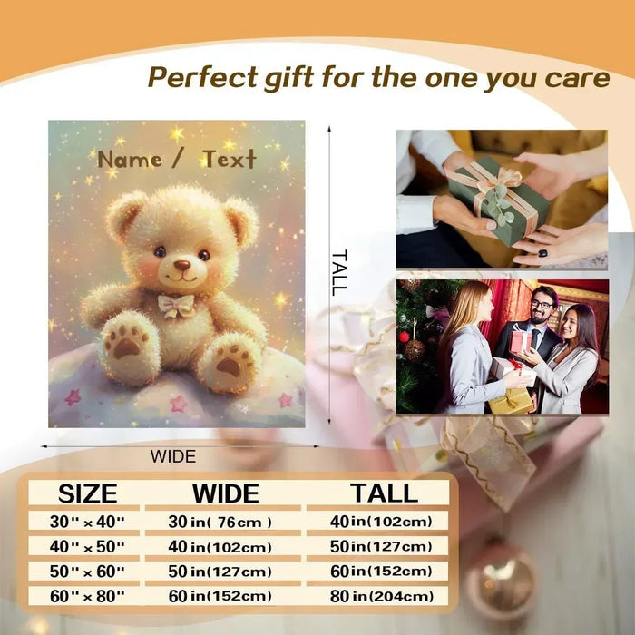 Teddy bear personalized blanket layout with 'Name / Text' and size chart