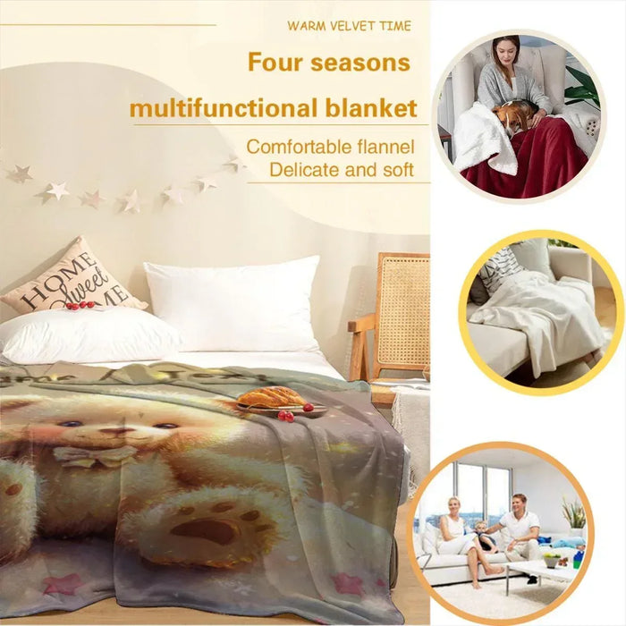 Four-seasons flannel blanket featuring a teddy bear paw-print design