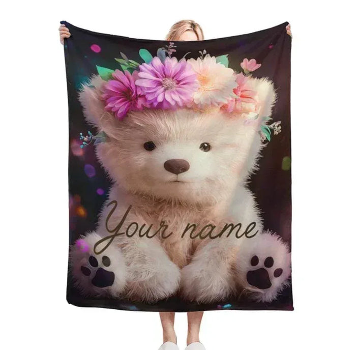 Square teddy bear plush blanket with flower crown and custom name