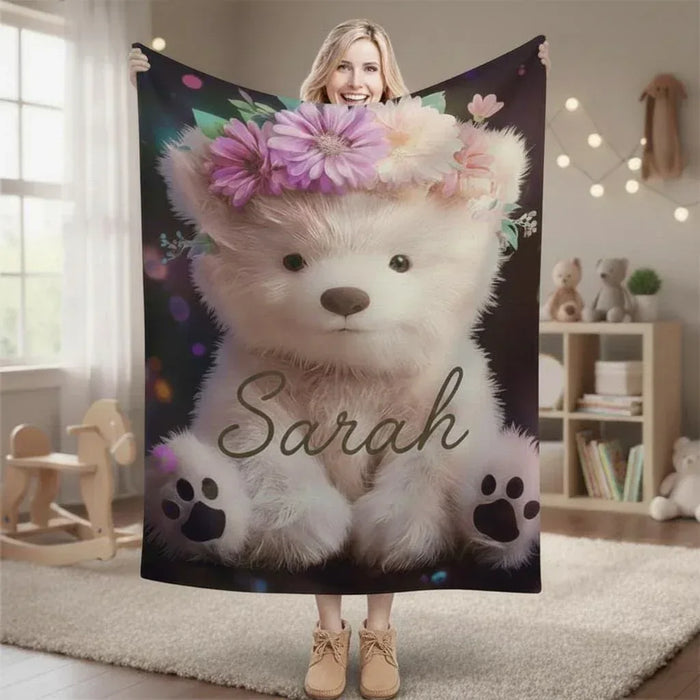 Teddy bear plush blanket with purple flower crown and custom name