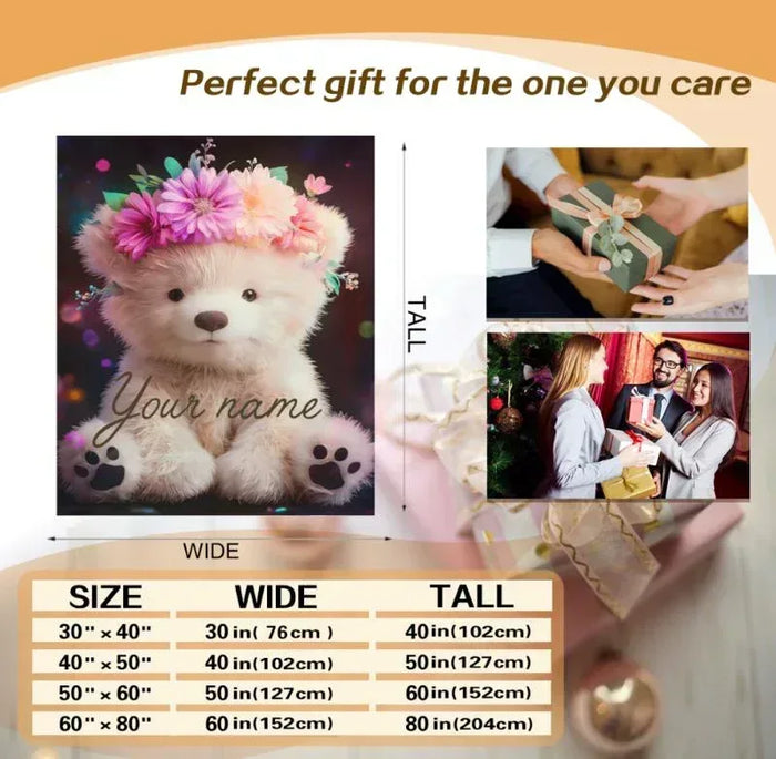 Teddy bear plush blanket gift display with custom name and size chart