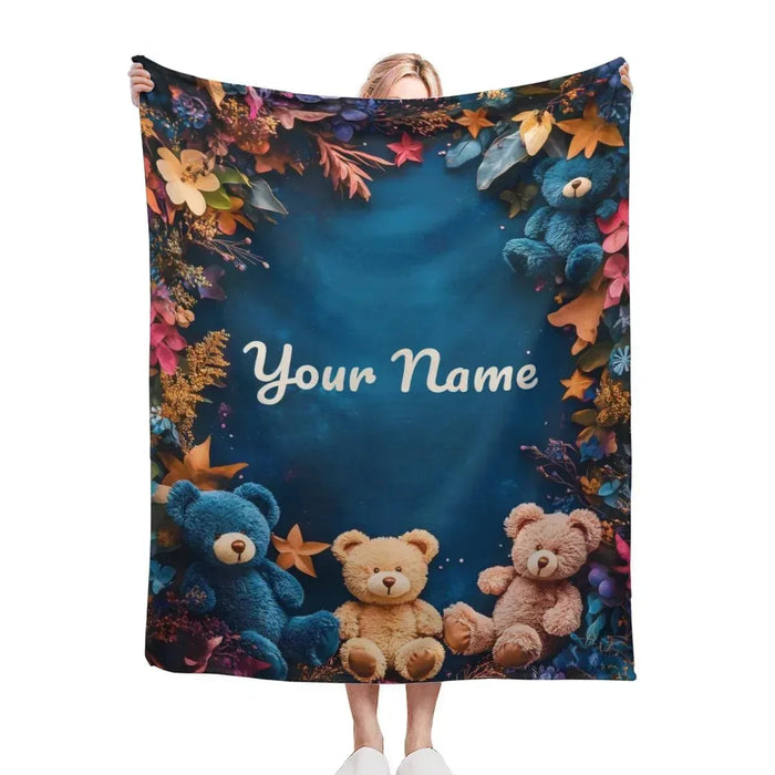 Personalized teddy bear plush blanket with name Your Name, autumn leaves and bears