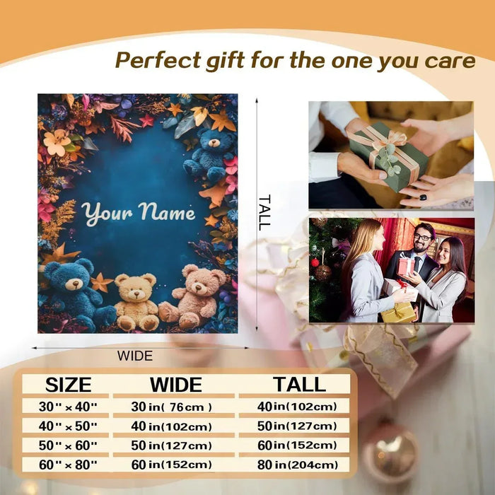 Personalized teddy bear blanket: blue, autumn leaves, name Your Name