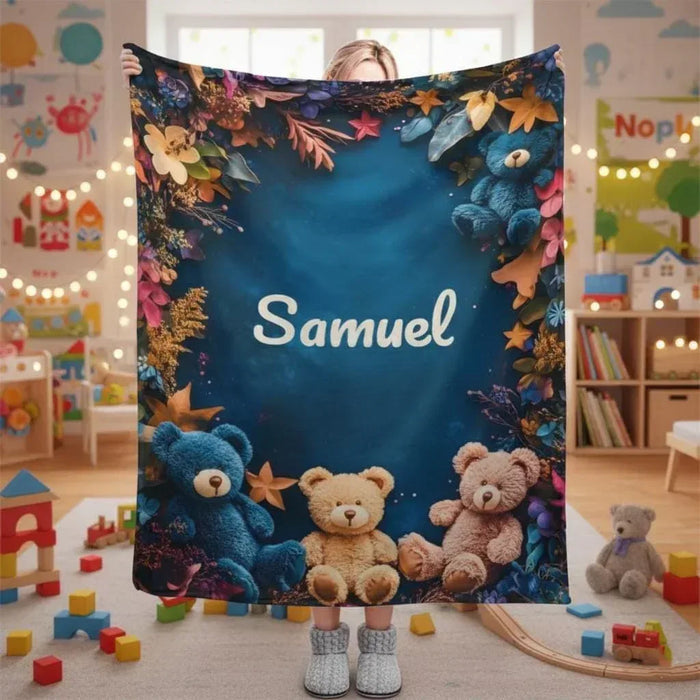 Personalized teddy bear blanket with name Samuel, blue leaves border and teddy prints