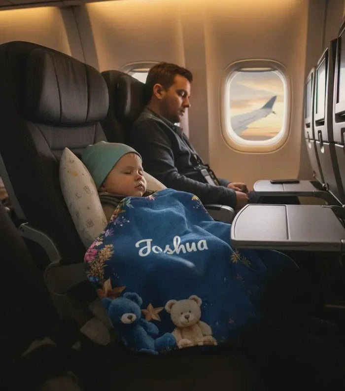 Personalized teddy bear blanket over infant seat with name Joshua and teddy design