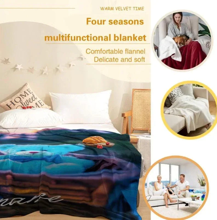 Four-seasons flannel blanket with folded bed scene and blue canoe bear graphic