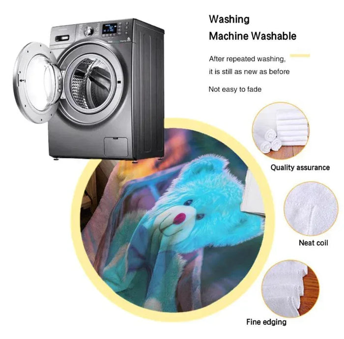 Flannel fleece blanket with blue bear in canoe, plus washing machine care callouts