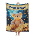 Teddy bear plush blanket with blue night sky print, teddy bear, yellow name band