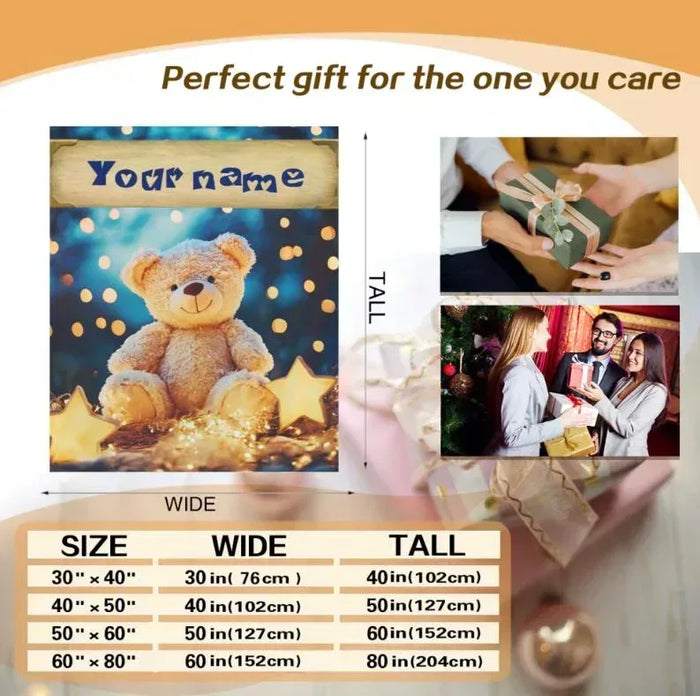 Personalized teddy bear plush blanket shown with size chart and folded blanket layout