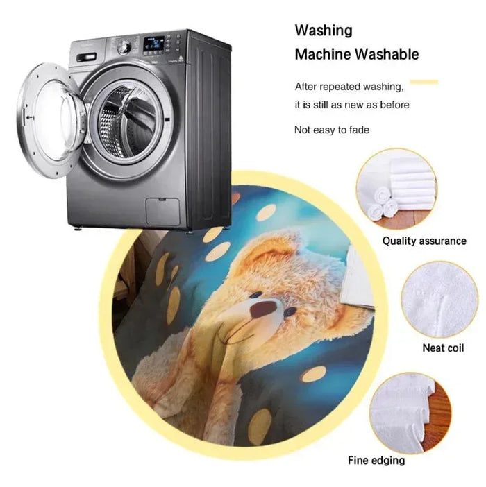 Teddy bear plush blanket with blue star design, shown with wash care and fabric close-up