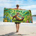 Personalized beach towel with jungle tiger graphic and 'TONY' name text