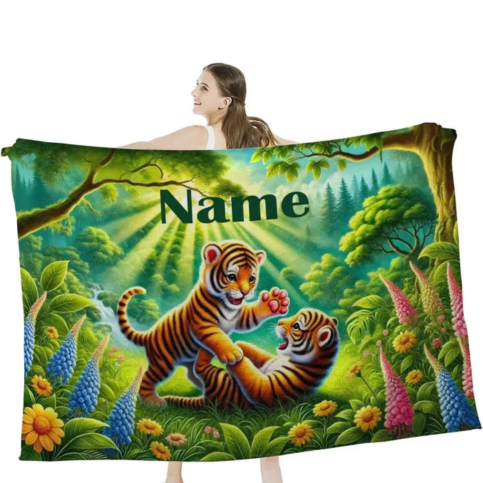 Personalized tiger blanket with jungle scene and 'Name' text, green-blue landscape border