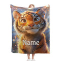 Personalized baby tiger blanket with large tiger face print and centered 'Name' text