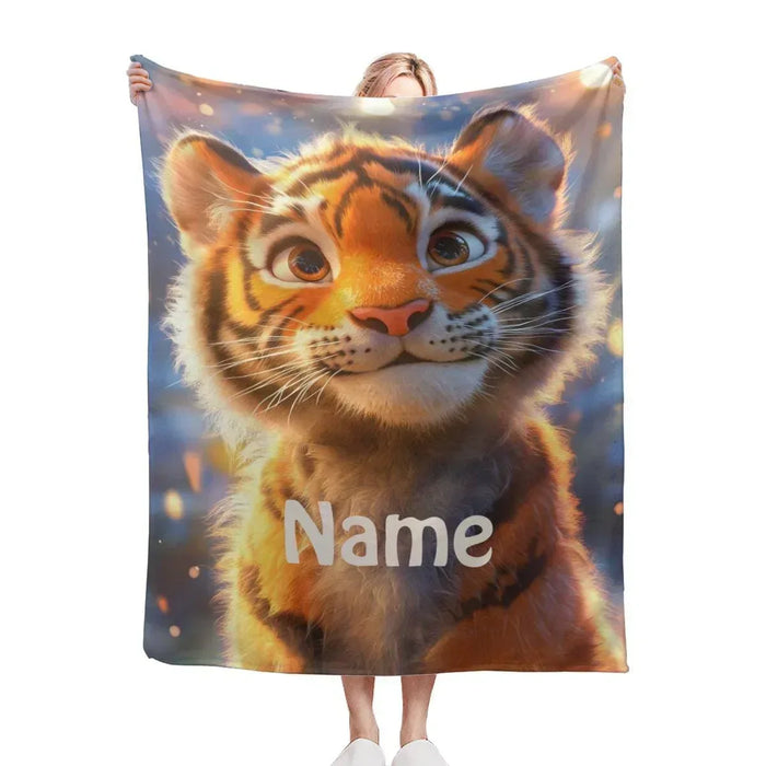 Personalized baby tiger blanket with large tiger face print and centered 'Name' text