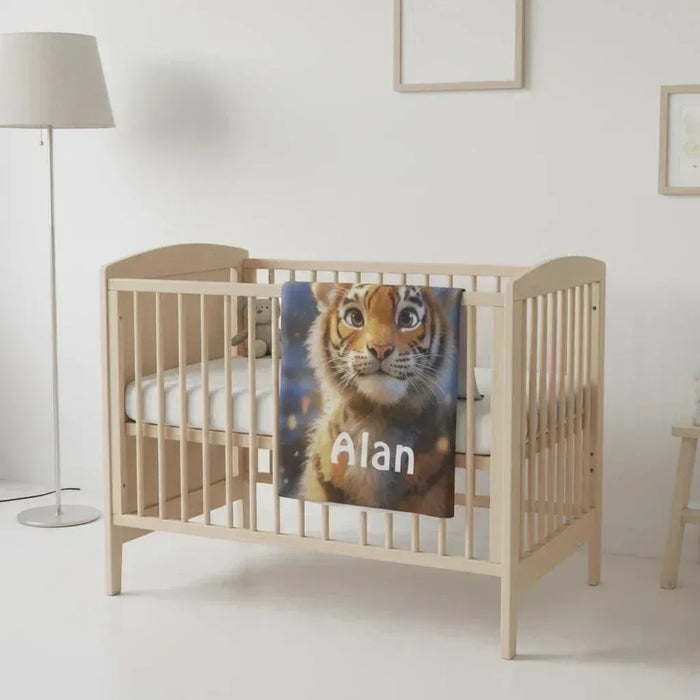 Personalized tiger blanket for baby crib, orange tiger face with name Alan