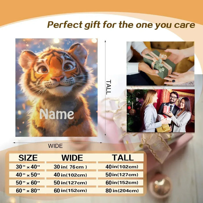 Personalized tiger blanket with 'Name' and orange tiger face, gift and size graphic shown