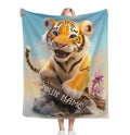 Tiger cub personalized throw blanket with blue background and floral accents, name text
