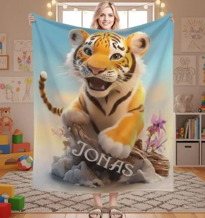 Personalized tiger throw blanket with blue border, tiger cub and flowers, name text
