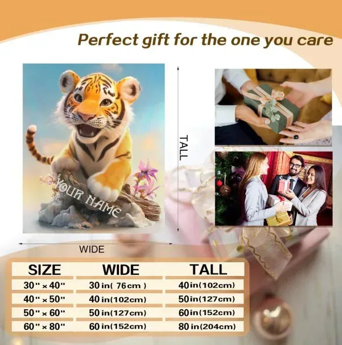 Personalized tiger blanket sizing graphic with name text and width and height table