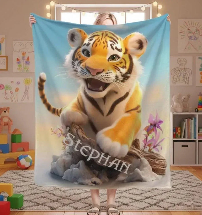 Personalized tiger throw blanket with blue border, sitting tiger cub and floral name text