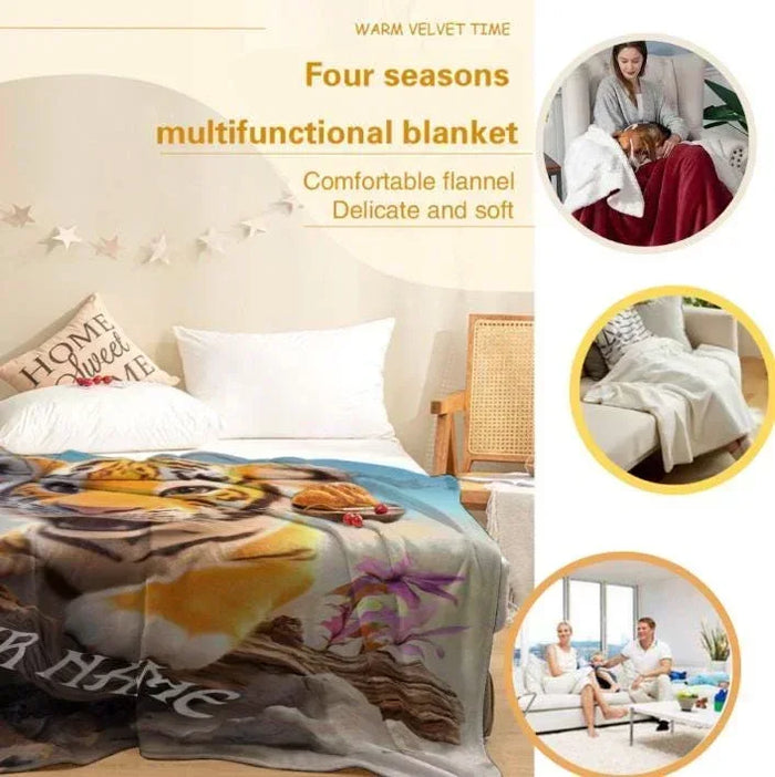 Flannel throw blanket with tiger design, shown on bed with soft folds