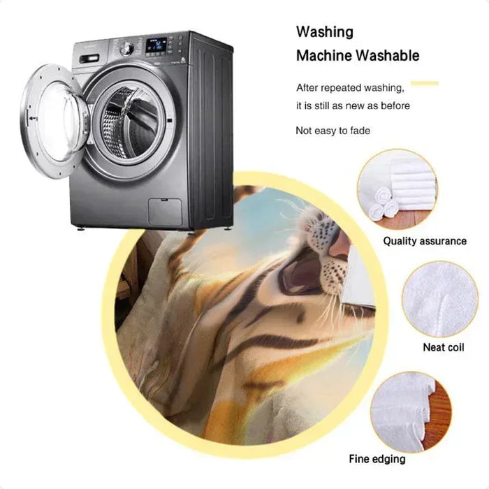 Machine-washable flannel throw blanket care graphic with tiger design close-up