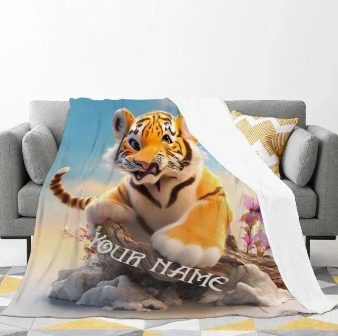 Tiger cub throw blanket with blue and white gradient, flowers and personalized name text