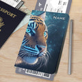 Personalized tiger passport holder with NAME text and blue starry tiger artwork.