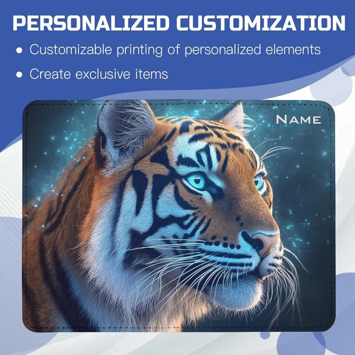 Personalized tiger passport holder with NAME text and teal starry tiger face art.