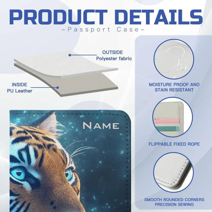 Tiger passport holder close-up with NAME text, rounded corners, and smooth stitching.