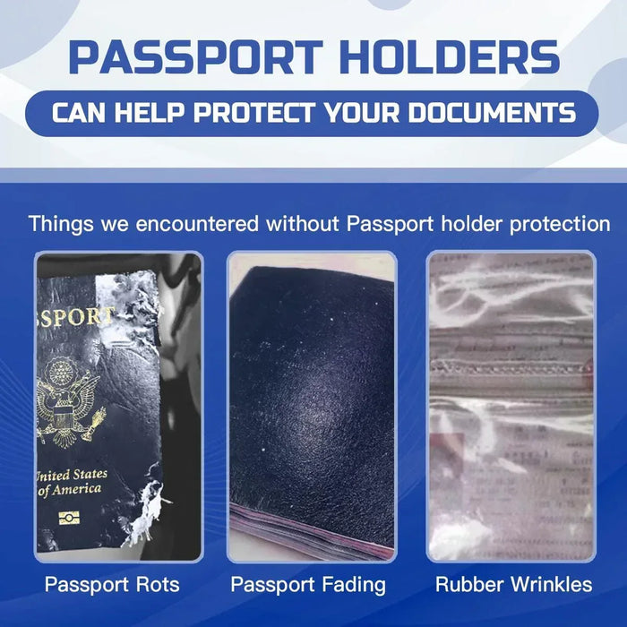 Passport holder protection infographic with document-damage icons and warning text.