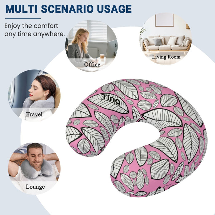 Pink leaf-pattern U-shaped neck pillow for travel, office, or lounge use