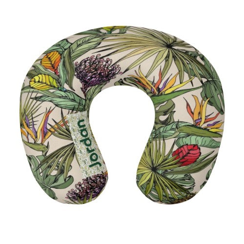 Personalized travel neck pillow, green tropical botanical print with name band