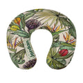 Personalized travel neck pillow, green tropical botanical print with name band