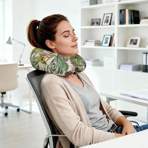 Personalized travel neck pillow around neck, green tropical botanical pattern