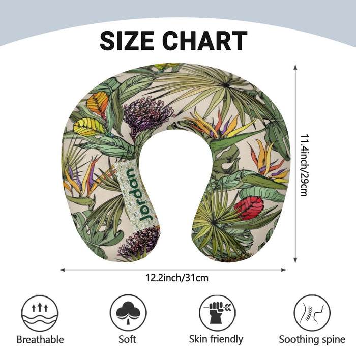 Personalized travel neck pillow, green tropical botanical print with central cutout